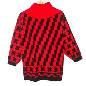 Vintage 80s A'Milano Red Black Geometric Knit Sweater Tunic Sz Small Mock Neck